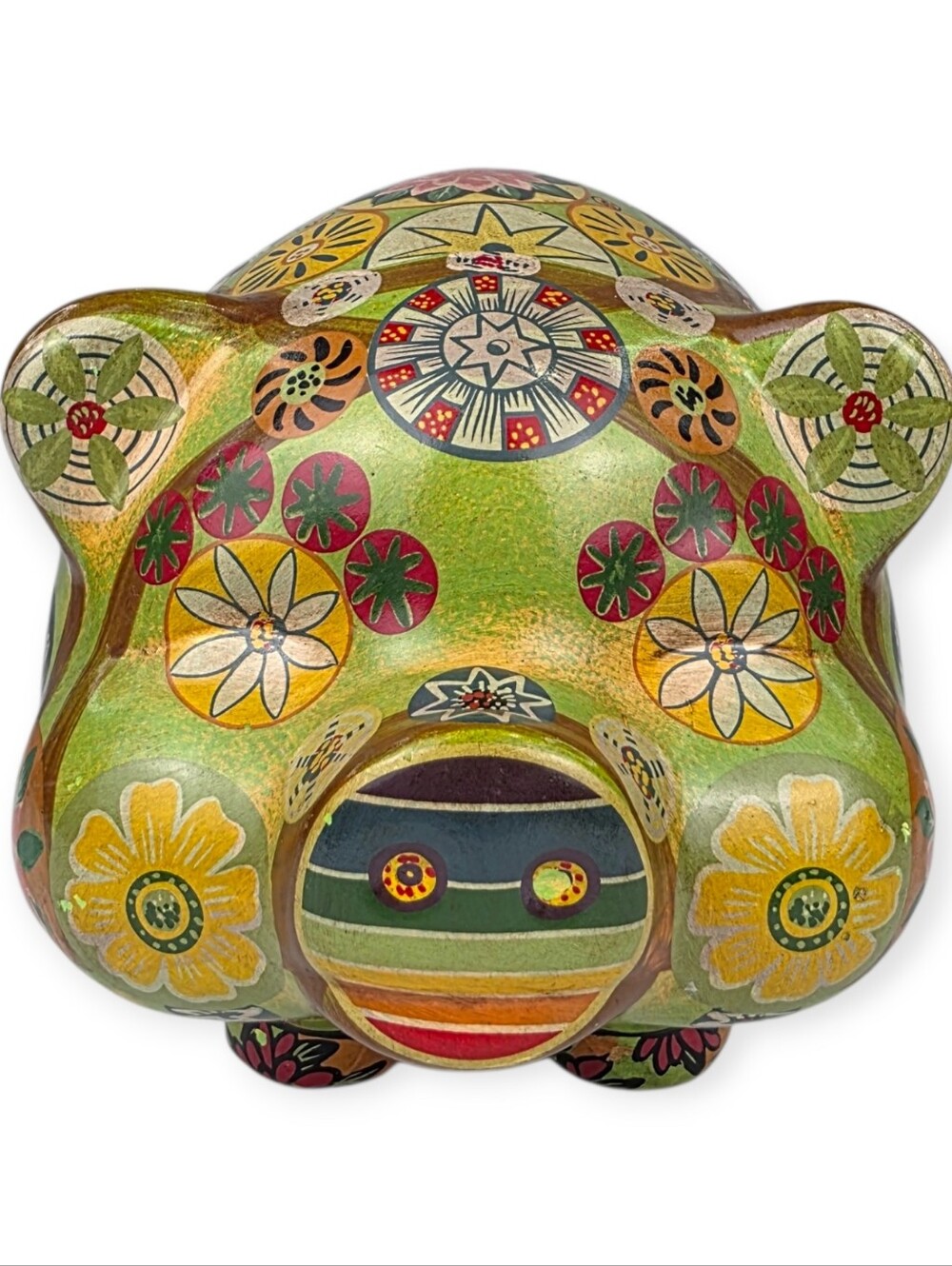 Vintage Hand Painted Ceramic Piggy Bank Mexican Folk Art Floral Mandala Decor